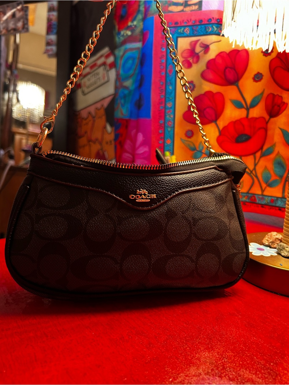 Coach Dark Brown Signature Shoulder Bag with Gold Chain